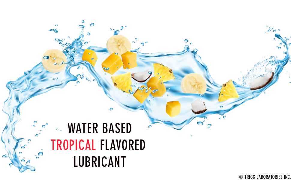 A calorie-free fruit snack, this edible flavored water based lube tastes like a fruit cocktail of pineapple, coconut, and banana.